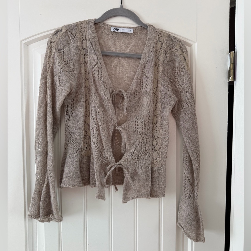 Zara | Knit Cardigan Lace Pointelle Tie Front Women’s Beige Romantic Size Small